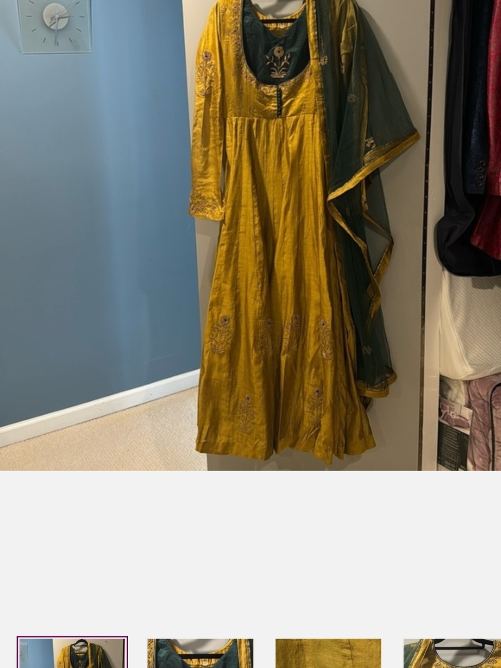 Indian Pakistani Yellow Embroidered Anarkali Dress with Green Dupatta